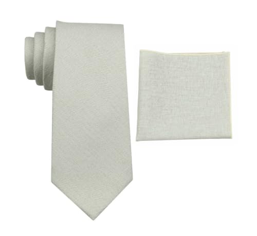 Image of Mens Linen Tie Set - Solid Necktie with Pocket Square for Men Wedding