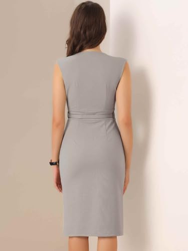 Image of Allegra K Sheath Dress for Women's Wrap V Neck Business Office Belt Sleeveless Pencil Dress