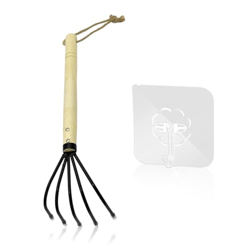 1 Rastrillo De Clavos De Cinco Puntas, 1 Gancho, Herramienta De Excavación Portátil, Rastrillo De Conchas De Playa, Mini Rastrillo De Acero, Rastrillo De Cinco Garras con Mango De Madera