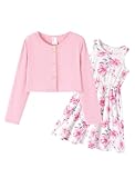 PATPAT Girls Dress and Cardigan Set Sleeveless Dress with Long Sleeve Cardigan for Birthday Party, Pink Flower, 7-8 Years