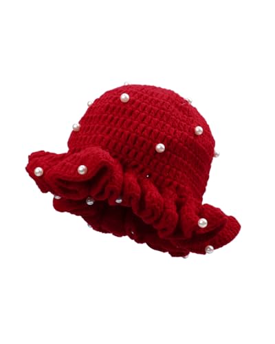 Image of Women Crochet Bucket Hat Cute Winter Ruffled Brim Floppy Cap Handmade Knit Cloche Hats