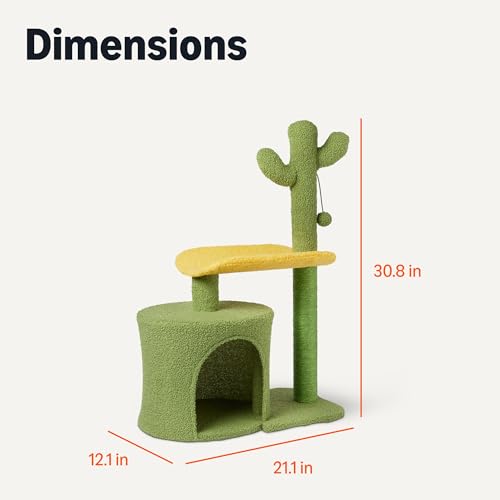 Image of Amazon Basics Cactus Cat Tree for Indoor Cats & Kittens, Scratching Post with Curved Perch, Cozy Cat Condo, Natural Sisal, Interactive Dangling Ball, 30.7 inch (77.9cm) H, Green