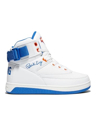 Ewing Men's 33 HI x Orion Rebound Basketball Shoes | Retro 1990 Design Ankle Strap Hybrid Athletic Team Sports Shoes, White/Blue/Orange, 10