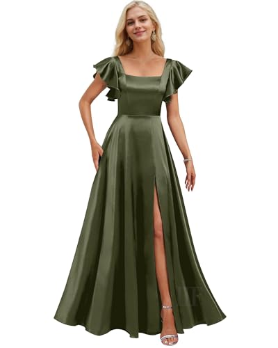 Image of IIF Short Sleeve Bridesmaid Dresses with Pockets Square Neck A-Line Satin Prom Gown Dress for Women with Slit IIF134
