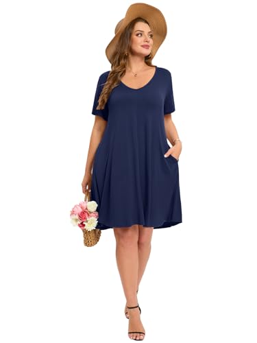 Image of ZENNILO Women's Plus Size Swing Dress with Pockets Casual Summer Dresses V Neck Short Sleeve T Shirt Dress for Women