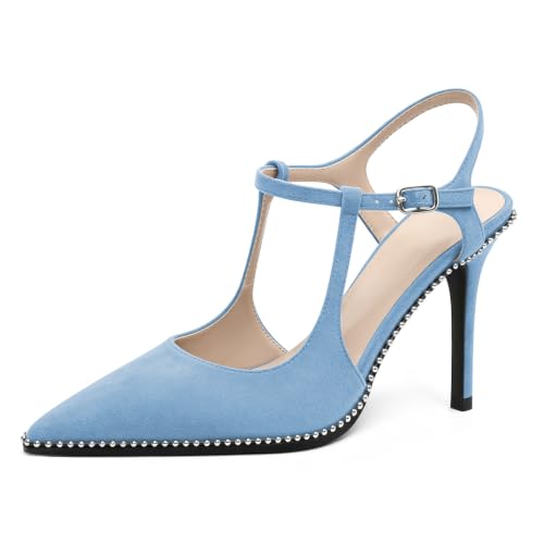 Image of SAMMITOP Womens High Heels Ankle Strap Pointed Toe Stilettos Patent Leather Beaded Pumps Dress Shoes 3.5 Inch