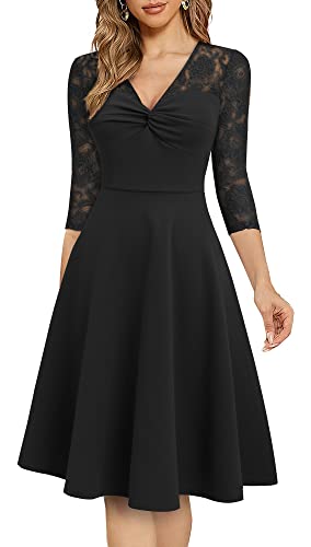 HOMEYEE Damen Vintage V-Ausschnitt Spitze Cocktailkleid Knielang Elegant Abendkleider für Hochzeit A291 (L, Schwarz) Cover