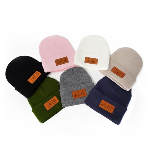Personalized Beanie Hats, Custom Engraved Leather Patch Knitted Beanies for Infant Toddler Youth– Custom Name Winter Knit Cap for Children Black