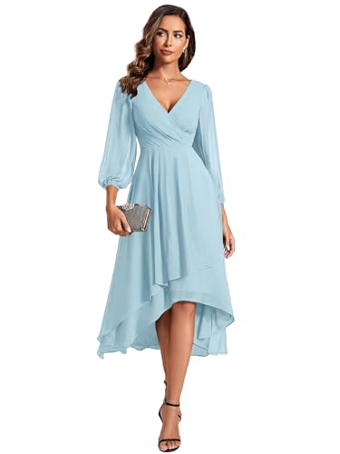 Image of Ever-Pretty Women's Chiffon V Neck Long Sleeves A-Line Midi Length Wedding Guest Dress Cocktail Party Formal Dresses 01926