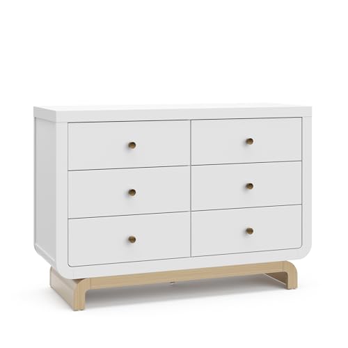 Image of Storkcraft Santorini 6 Drawer Double Dresser (White with Driftwood) - GREENGUARD Gold Certified, Interlocking Drawer System, Dresser Drawer Organizer for Kids Bedroom