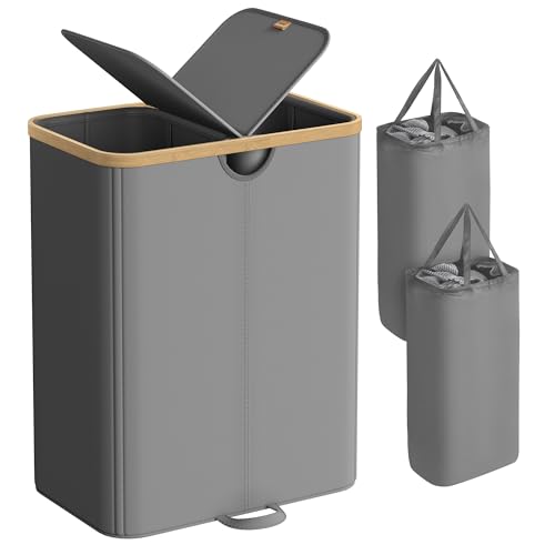 SONGMICS Laundry Hamper with Lids, Laundry Basket with 2 Compartments, 39 Gal. (150 L), Removable Liner Bag, for Laundry Room, Bedroom, Living Room, Slate Gray and Light Bamboo ULCB523G01