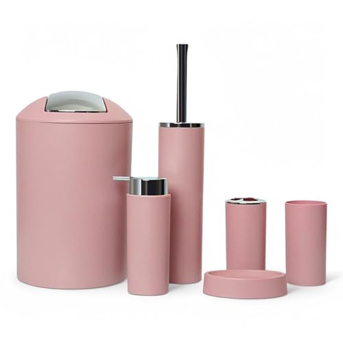 6tlg Badset Badezimmer Zubehör Set Organizer: Seifenspender, Zahnputzbecher, Kosmetikeimer, WC Bürste und Halter, Seifenschale, Mülleimer, Zahnbürstenhalter, Badgarnitur (Rosa Design 2a)