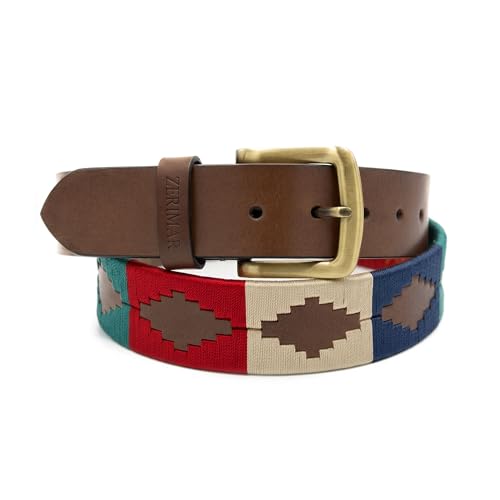 Zerimar Cinturon Piel de Hombre Vacuno |Estilo Polo Argentino | Ancho 38MM | Hebilla Elegante | Correa de Cuero Premium | Color MarronVerdeBeige | Talla 110