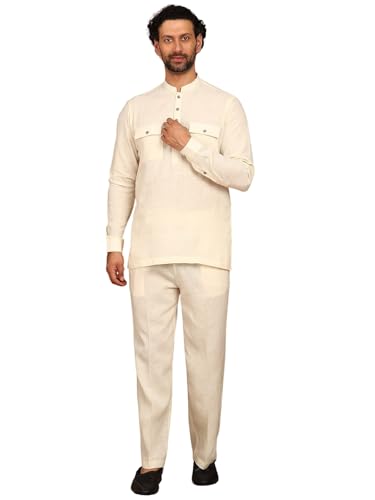 Image of See Designs Men's Full Sleeve Mandarin Collar Linen Solid Pathani Set