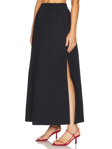 ebossy Women's Casual Long Cotton Skirt High Elastic Waist Side Slit A-line Maxi Skirts with Pockets4