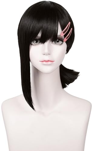 LABEAUTÉ Short Black Wig + Hairpin for Women Girls Cosplay Wig with Ponytails for Halloween Party + Cap