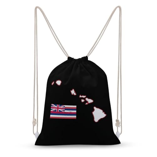 Hawaii State Map and Flag Portable Drawstring Backpack Sports Gym Bag String Bags Shopping Yoga for Women Men