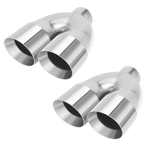 LCGP 2.5 Inch Dual Exhaust Tip 2.5 Inlet 4 Outlet 9.5 Length Polished Stainless Exhaust Tip Double Wall Weld-on Angle Cut Tailpipe for Car Truck 2PCS