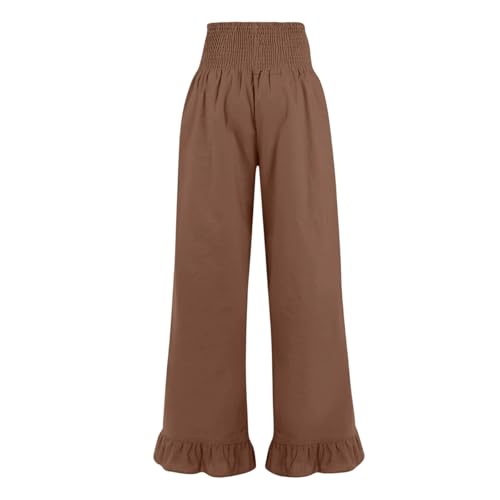 Image of Palazzo Pants for Women Linen Smocked Elastic Waist Ruffle Wide Leg Pants Summer Beach Flowy Boho Pant with Pockets