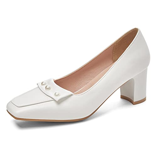 Women's Square Toe Pearls Slip On Loafers Pumps Chunky Block Mid Heels Work Office Pump Dress Shoes