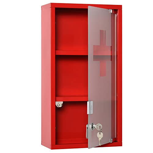kleankin Armoire à Pharmacie 2 étagères 3 Niveaux verrouillable Porte Verre trempé dépoli Logo Croix 25L x 12l x 48H cm métal Rouge