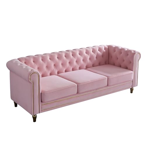 Image of KEIKI 85 inch Chesterfield Velvet Tufted Button Sofa with Deep Seat Cushions and Rolled Arms, Modern Style 3-Seater Couch Decorated with Gold Strip, Easy Assembly, for Living Room, Bedroom, Office, Pink