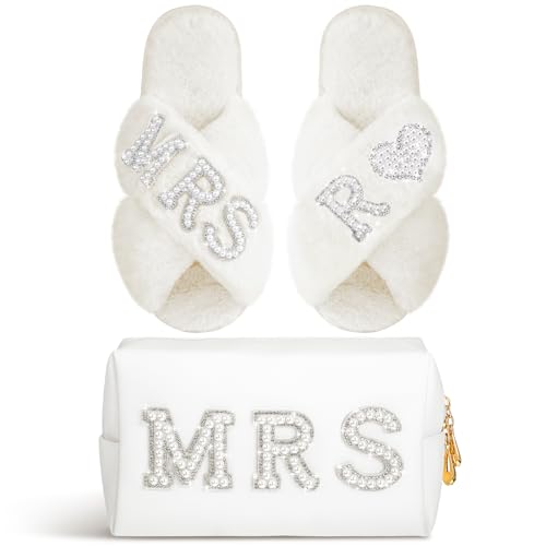 Image of Xtinmee Personalized Initial Wedding Bride Slipper Mrs Pearl Letter Makeup Bag Bachelorette Party Bridal Shower Wedding Gifts(R)