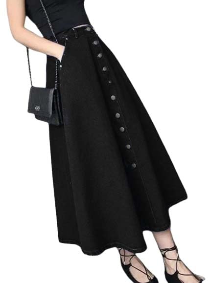tripursundari fashion Women Z Black Buttoned A-Line Maxi Denim Skirt-picture-17