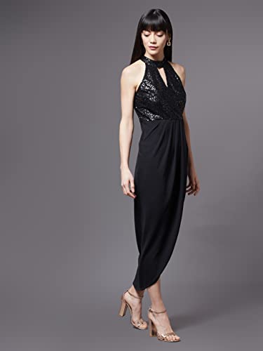Image of Miss Chase Women's Round Neck Sleeve Embellished Fit Flare Maxi Dress