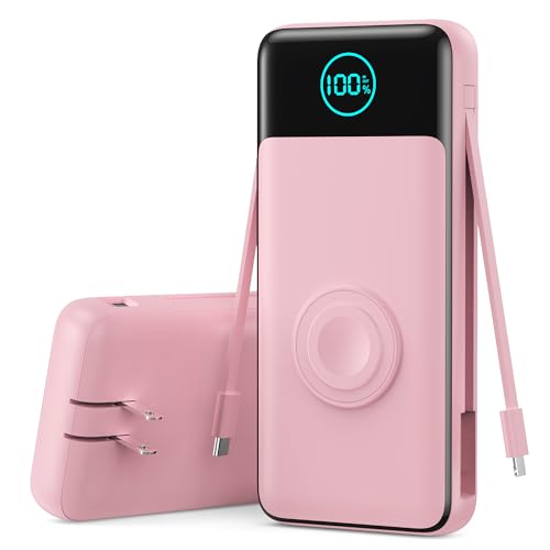 Image of Portable Charger for iPhone with Built-in Cables and AC Wall Plug,26800mah Fast Charging USB C Power Bank,25W PD Travel Essential Battery Pack for iPhone 17 /16 /15 /14 /13,Galaxy,Apple Watch (Pink)