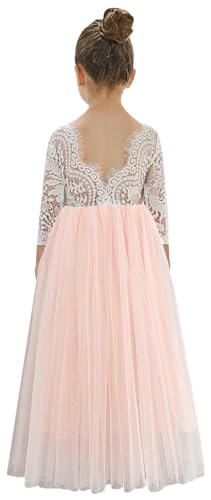 2Bunnies Girl Peony Lace Back A-Line Straight Tutu Tulle Party Flower Girl Dress (Pink Sleeve Maxi, 6)