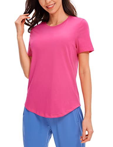 Crz Yoga Women's Pima Cotton Short Sleeve Workout Shirt Yoga T-Shirt Athletic Tee Top Sonic Pink Large #TOP8