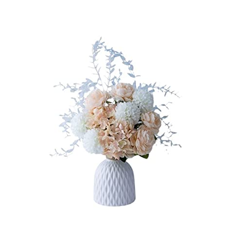 VGVSBG Flor Artificial Hortensias Flores Artificiales en Interiores con jarrón de cerámica Flores secas de Seda en Maceta pequeña Arreglos Florales realistas Decoraciones Hom