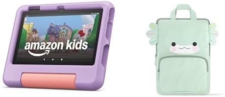 Paquete de funda para tableta Fire 7 Kids: el paquete incluye tableta Amazon Fire 7 Kids, 16 GB, estuche de transporte morado y Axolotl
