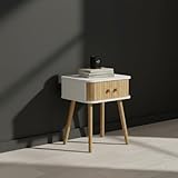 INDE MOBLEKIT | Mesita de Noche Blanca con Puertas de Bambú, Mesitas de Noche Madera para Salón y Habitación