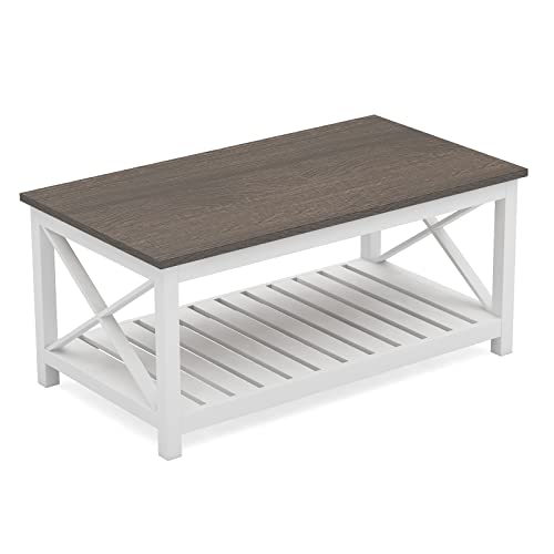 Choochoo Coffee Table, Rustic Farmhouse Table With Shelf For Living Room, Vintage Finish White #TOP6