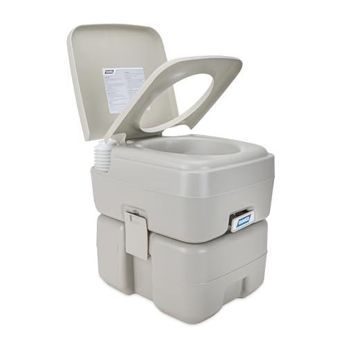 Camco 5.3-Gallon Portable Toilet – Features Detachable Holding Tank w/Sealing Slide Valve & Bellow-Type Flush – Easy Transport w/Compact Lightweight Design & Carry Handle – Gray (41541)