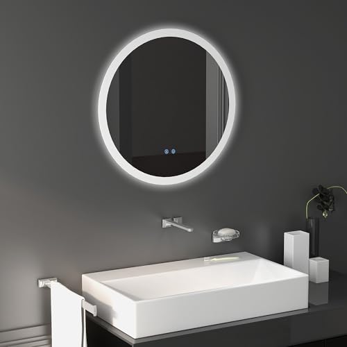 kleankin Round Illuminated LED Bathroom Mirror Diameter 60 cm with Lighting 3 Colours Touch Switch Anti-Fog System 29 W Grey