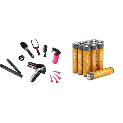 Theo Klein Braun Satin Hair 7 Set, Fön mit Sound, 3+ Jahre, & AAA Alkaline-Batterien Amazon Basics 12 Stück, 10 Jahre