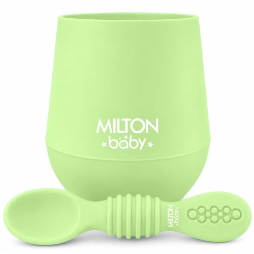 Image of MILTON baby Silicone Tumbler with Spoon I Baby & Toddler Training Cup & Spoon I BPA Free- 100% Food Grade I Weighted Base to Prevent Tip-Overs I Anti Slip Bottom I Gentle on Tender Gums I Mint Green