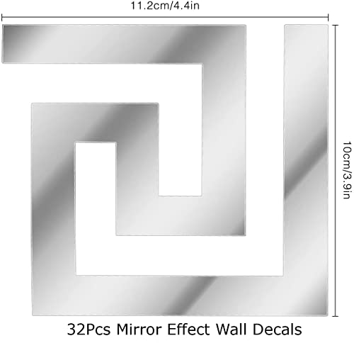 32Pcs Diy Mirror Stickers Wall Decals, Peel And Stick Mirror Tiles Borders, Removable Adhesive Wall Stickers For Home Art Room Bedroom Background Decoration (Geometric Greek Key Pattern, Siliver) #TOP4