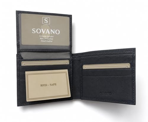Image of SOVANO Genuine Leather Wallets for Man Original Bi Fold Slim Mens Wallets Design with RFID Protection ID Window Easy Access 6 Card Slots 2 Hidden Pockets Compact Gift for Men (Gray)