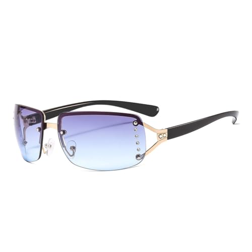 Pmnzdy Lunettes de soleil vintage sans monture - Rectangulaires - Verres transparents avec strass - Dégradé de couleur - Pour femmes et filles, bleu