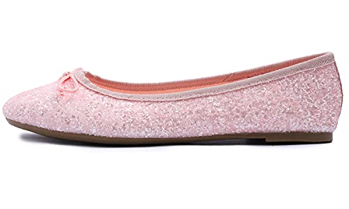 Feversole Round Glitter Ballerina, Damen Klassische Ballerinas Profilsohle Glänzende Ballerina Flach Glänzende Baby Rosa 39