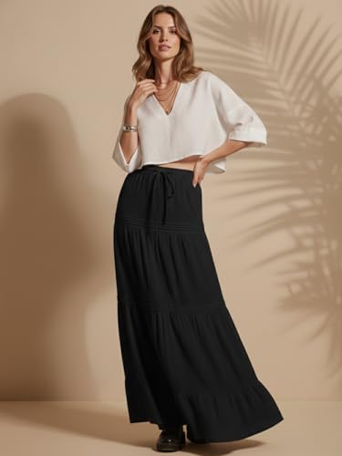 Image of GRECIILOOKS Women's Summer Ruffle Hem PolyBlend Maxi Skirt | High Waist Long Skirt's | Plain A-Line Flowy Skirt for All Occasions | Elegant Boho Style