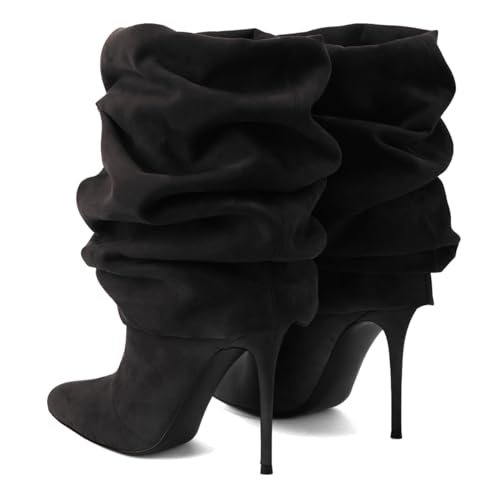 Pazzion Women Fashion Closed Almond Toe Stiletto High Heel Mid Calf Boots Slouchy Wrinkled Pull On Winter Booties Commuting Office Shoes Size 4-16 US4