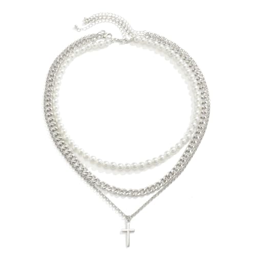 3 Layer Pearl Necklace for Men, Y2K Cuban Chain & Cross Pendant Layered Set, Adjustable 18-22 Inch Gift for Dad, Boyfriend, Husband