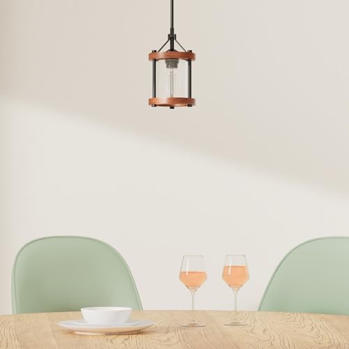 Image of Farmhouse Pendant Light, Rustic Walnut Wood Metal Cage Hanging Light Fixtures with Glass, Adjustable for Flat and Slop Ceiling, Pendant Lighting for Kitchen Island Foyer Hallway,2-Pack