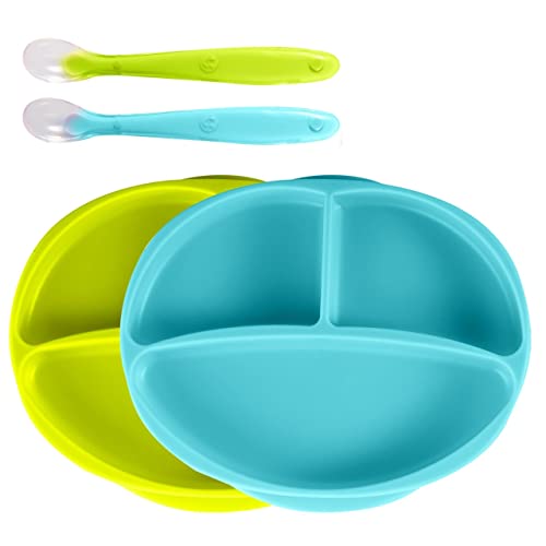 Image of Silicone Suction Plate for Baby - 100% Food Grade Silicone Divided Plate | Toddler Self Feeding Training Suction Plate Set | BPA-Free, Microwave Dishwasher Safe Stay Put Plates (Green & Blue)