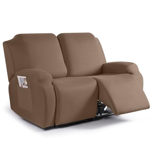 Image of TAOCOCO Recliner Loveseat Slipcover, 2 Pieces Polyester Fabric Stretch Sofa Covers for 2 Seat Reclining Couch, Soft Washable Furniture Protector with Pockets (2 Seat, Light Coffee)